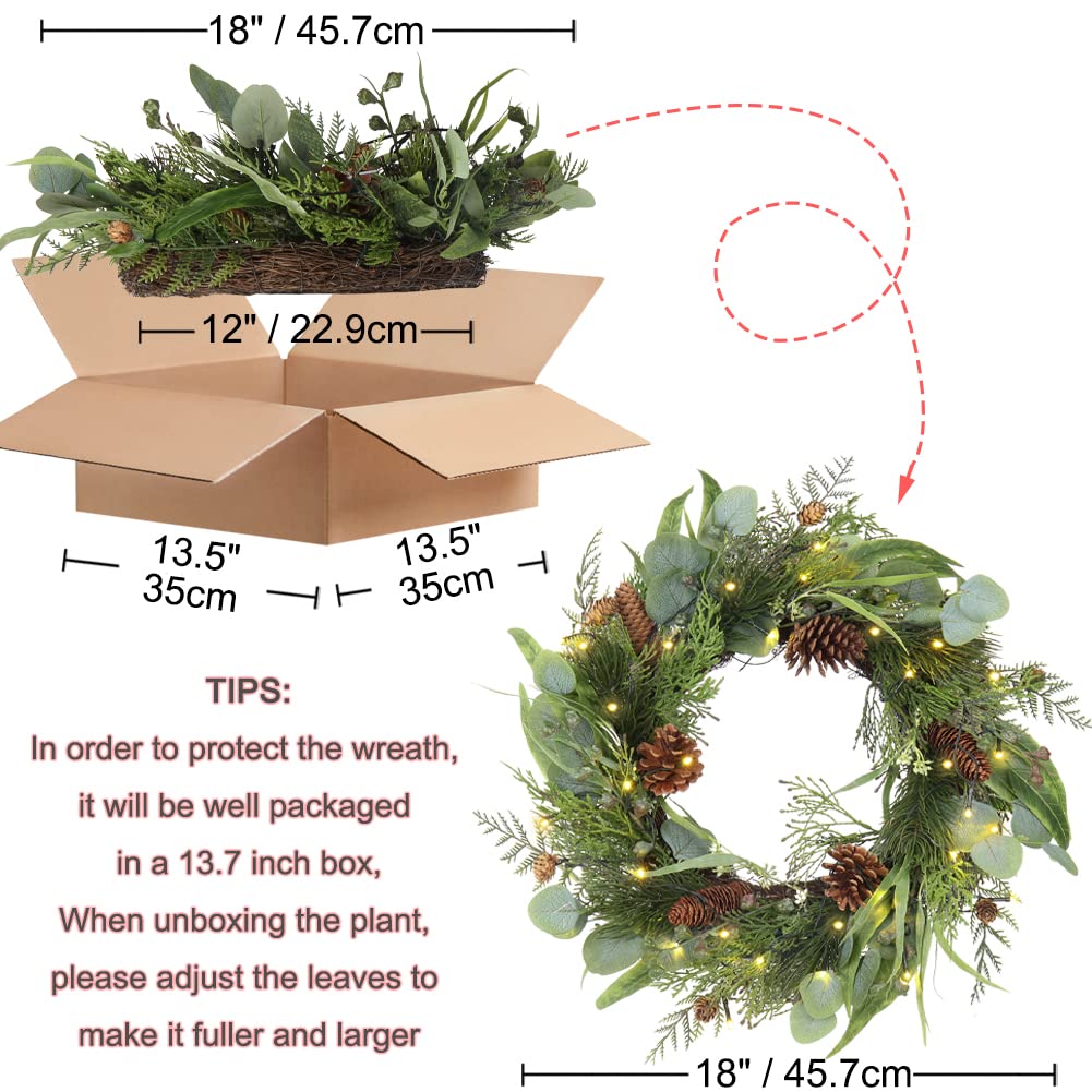 Pre Lit Christmas Wreath for Front Door Lighted Green Wreath Decorated with Pine Cones,Berry Clusters, Abundant Fit Branches 18” Christmas Wreaths for Windows Winter Wreath Hanging Wall Decor