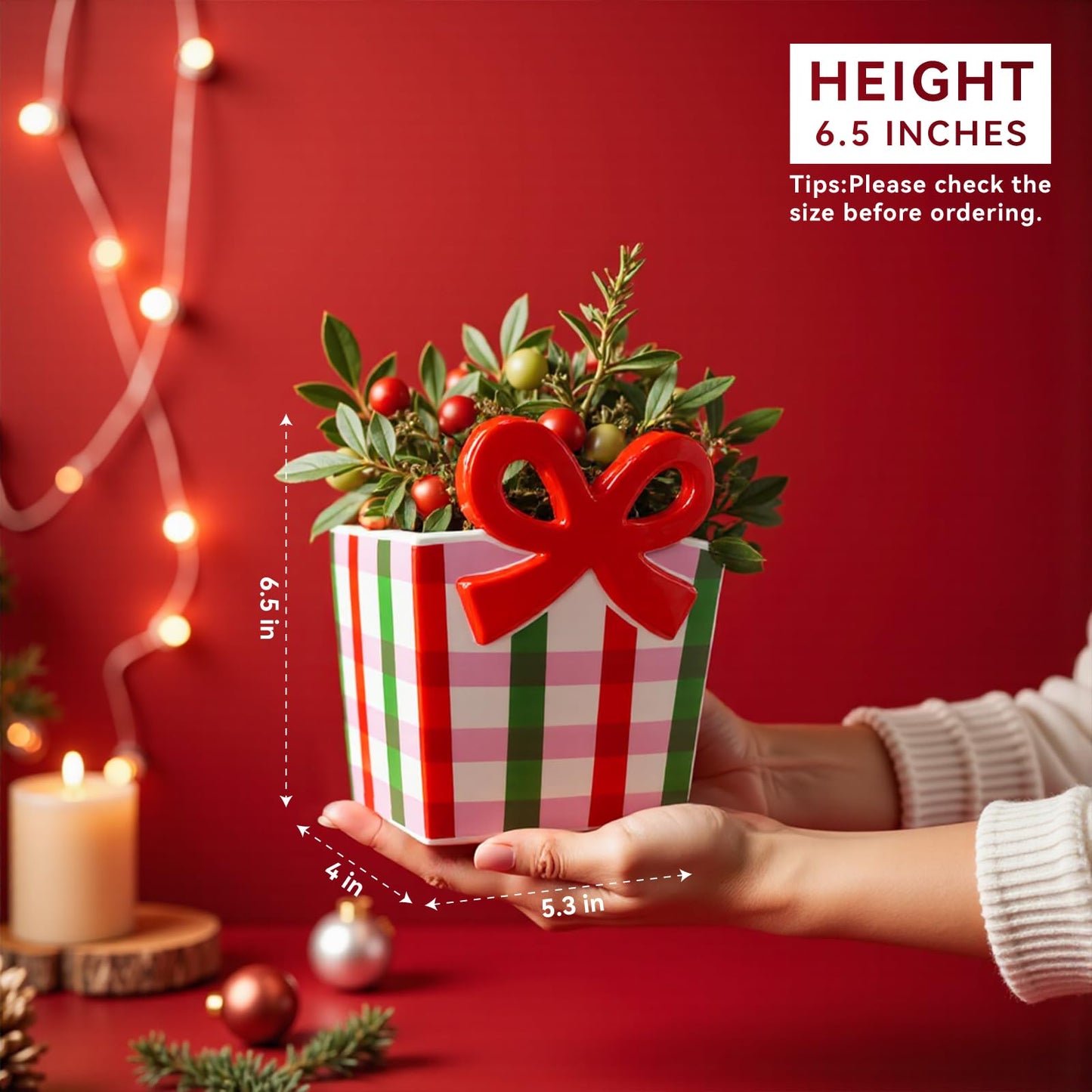 DIF DECO Red Bow Christmas Vase, 6.5 Inch Ceramic Unique Wide Paper Bag Vase, Xmas Cute Holiday Flower Pot for Centerpieces/Home/Living Room/Shelf Table, Modern Decor
