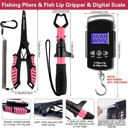 3-Layer Fishing Tackle Box - Complete Fishing Tools Kit with Pliers, Gripper & Baits | Pink Color