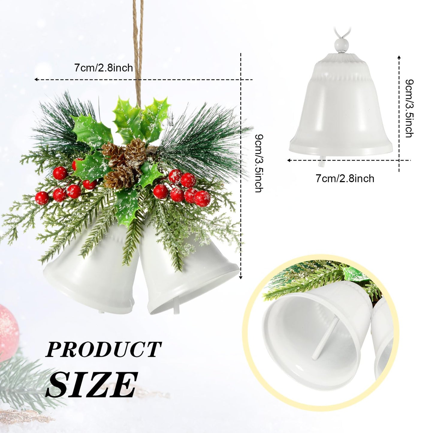 Tioncy Christmas Bell Hanging Ornaments 8.7" Large Rustic Metal Bell Decoration Xmas Hanging Decorative Bell with Red Berry for Christmas Wreath Tree Door Decor(White,4 Pcs)