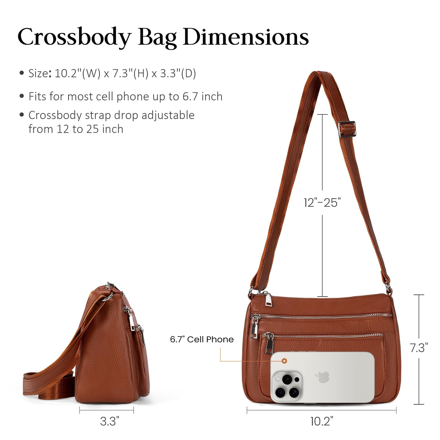befen Cognac Brown Soft Genuine Leather Crossbody Purse for Women Lightweight Leather Cross Body Shoulder Bags Handbag for Travel