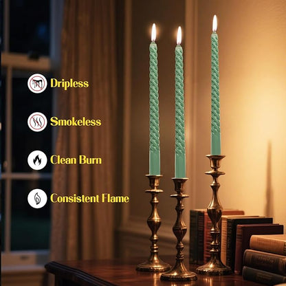 Tobeape Sage Green Twisted Taper Candles Set of 12, 10 Inch Tall Unscented Dripless, Smokeless Spiral Christmas Tapered Candlestick for Wedding Home Décor Dinner St. Patrick's Day- 8 Hour Long Burning