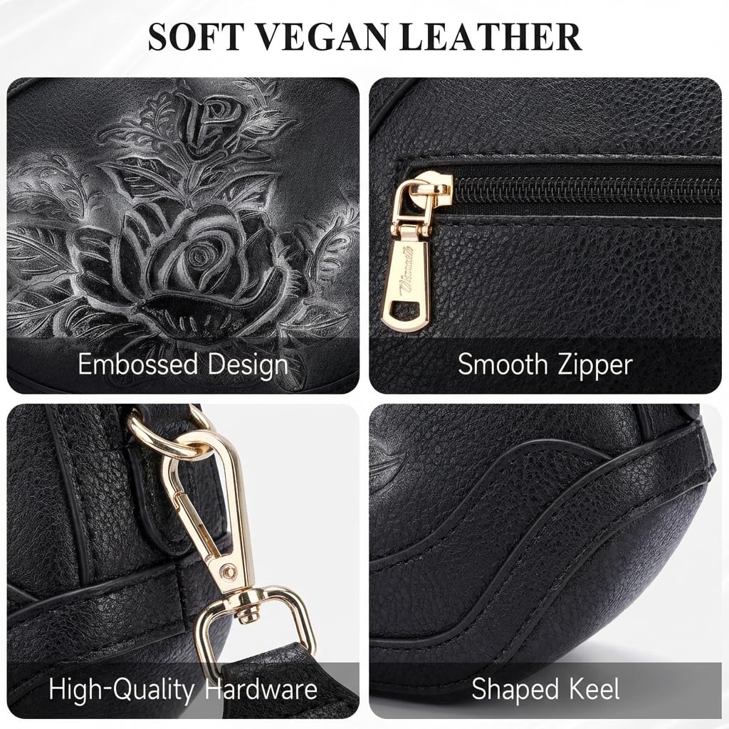 VIMUTI Embossed Rose Crossbody Bags for Women, Soft Vegan Leather Small Purse with Adjustable Wide Strap, Boho Shoulder Handbag with Multi Pockets, Lightweight Everyday Bag