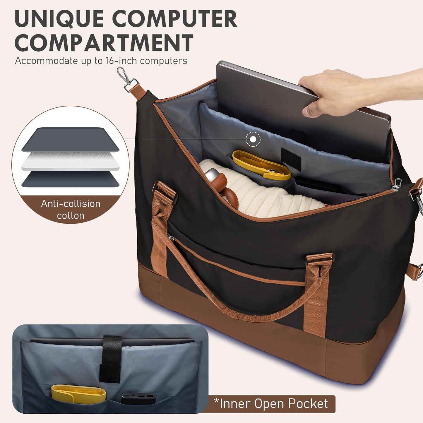 WOOMADA Weekender Overnight Bag for Women, Carry on Shoulder Travel Duffel with Shoes Compartment,Gym Bag with Toiletry Bag(black&coffee&brown)