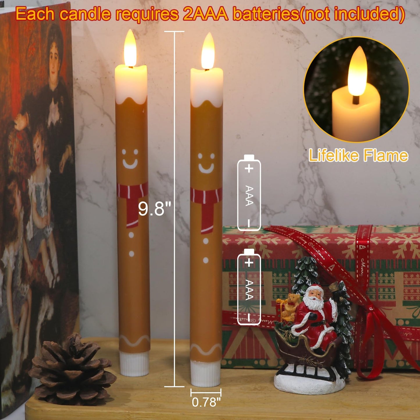 Lasumora Gingerbread Man LED Flameless Taper Candles, 2 Pack with 6H Timer, 3D Flickering Flame, Plastic, Brown