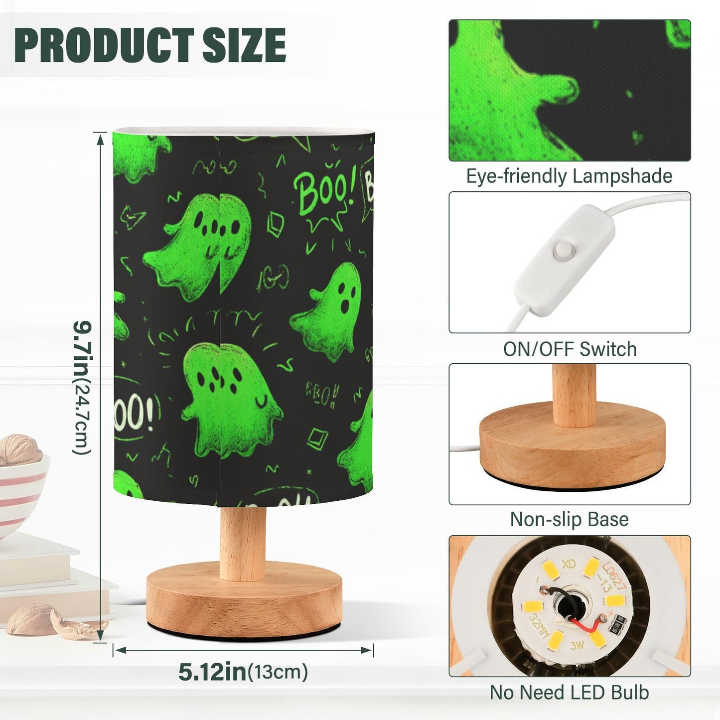 Dussdil Halloween Green Ghost Table Lamp Bedroom Bedside Night Reading Desk Lamps Cylinder Nightstand Sleeping Light Lamp for Kids Living Room Office Decor