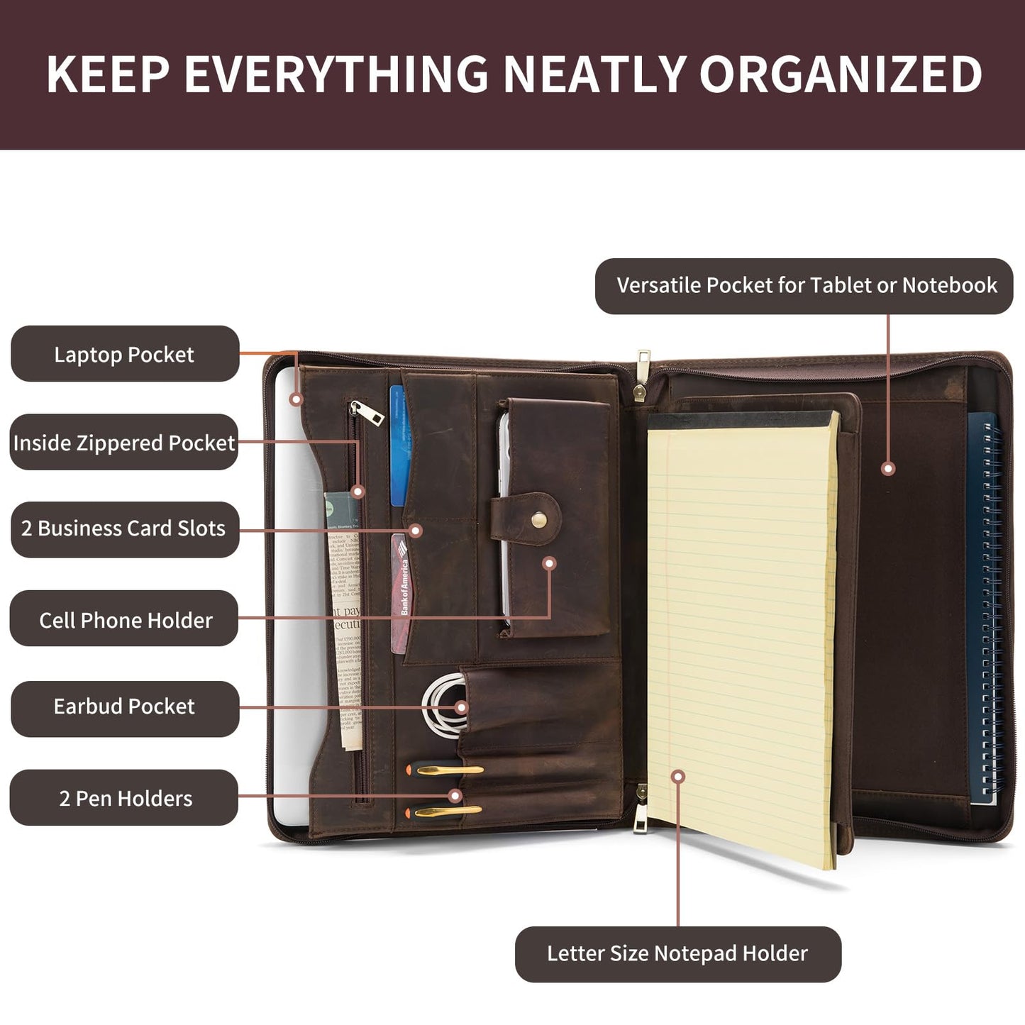 Geslun Genuine Leather Portfolio with Front Pocket for Men and Women, 8.5 x 11 Legal Pad Notepad Holder, Zippered Business Organizer, Professional Executive Letter Notebook Folder for Work, Dark Khaki