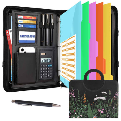 NATISERAUM Portfolio Binder 3 Ring Includes Pen and 5 Dividers with 10 Pockets, Padfolio Organizer with Magnetic Handle for Men and Women, Includes A4 Notepad for Business, School, Work