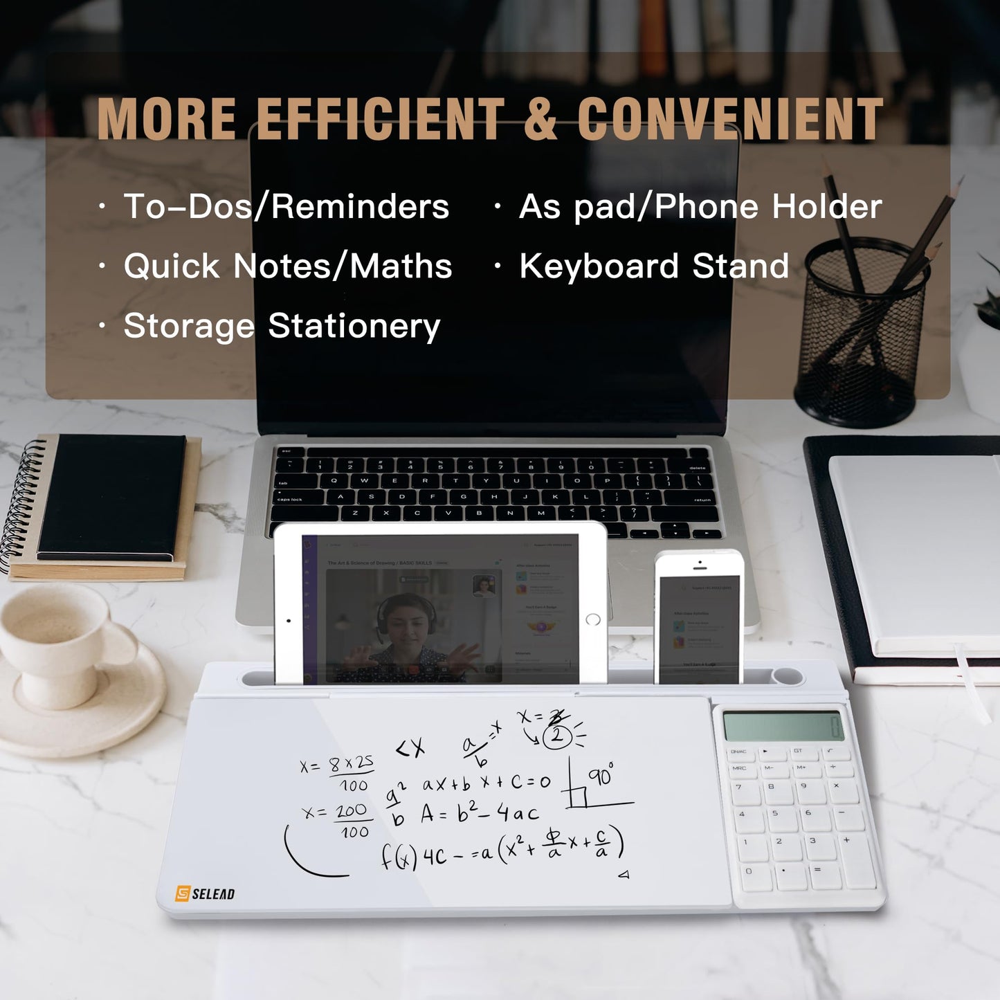 SELEAD Desktop Glass Whiteboard with Calculator & Built-in Mirror, Dry Erase White Board Computer Pad Keyboard Stand with Organizer Drawer, Desk Accessories for Home, School, Office