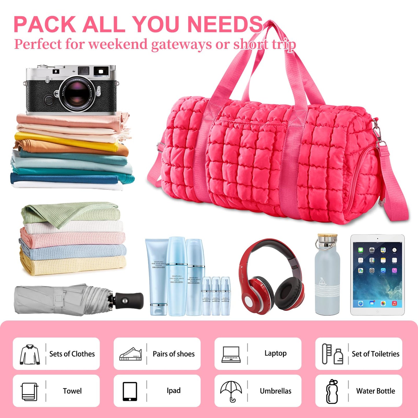 Quilted Travel Duffle Bag Gym Bag for Women,Large Puffer Duffle Weekender Bag with Compartment,Workout Overnight Carry on Organizer Bag Duffle Bag for Airplane Travel(Rosered)