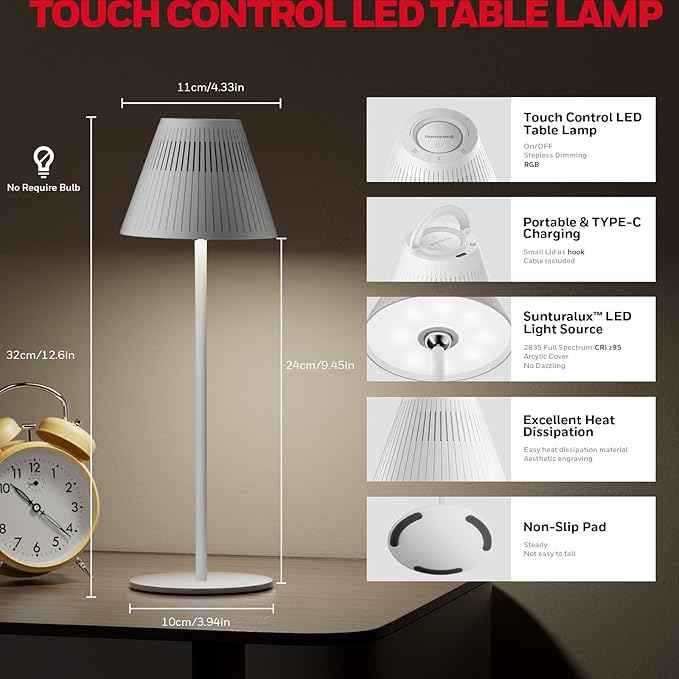 Honeywell Cordless Table Lamps Rechargeable Set of 2, M1 Sunturalux Portable LED Desk Lamp 5200mAh 4Color 9RGB Dimmable Bedside Lamps for Restaurant/Bedroom/Bars/Party/Camping Night Light