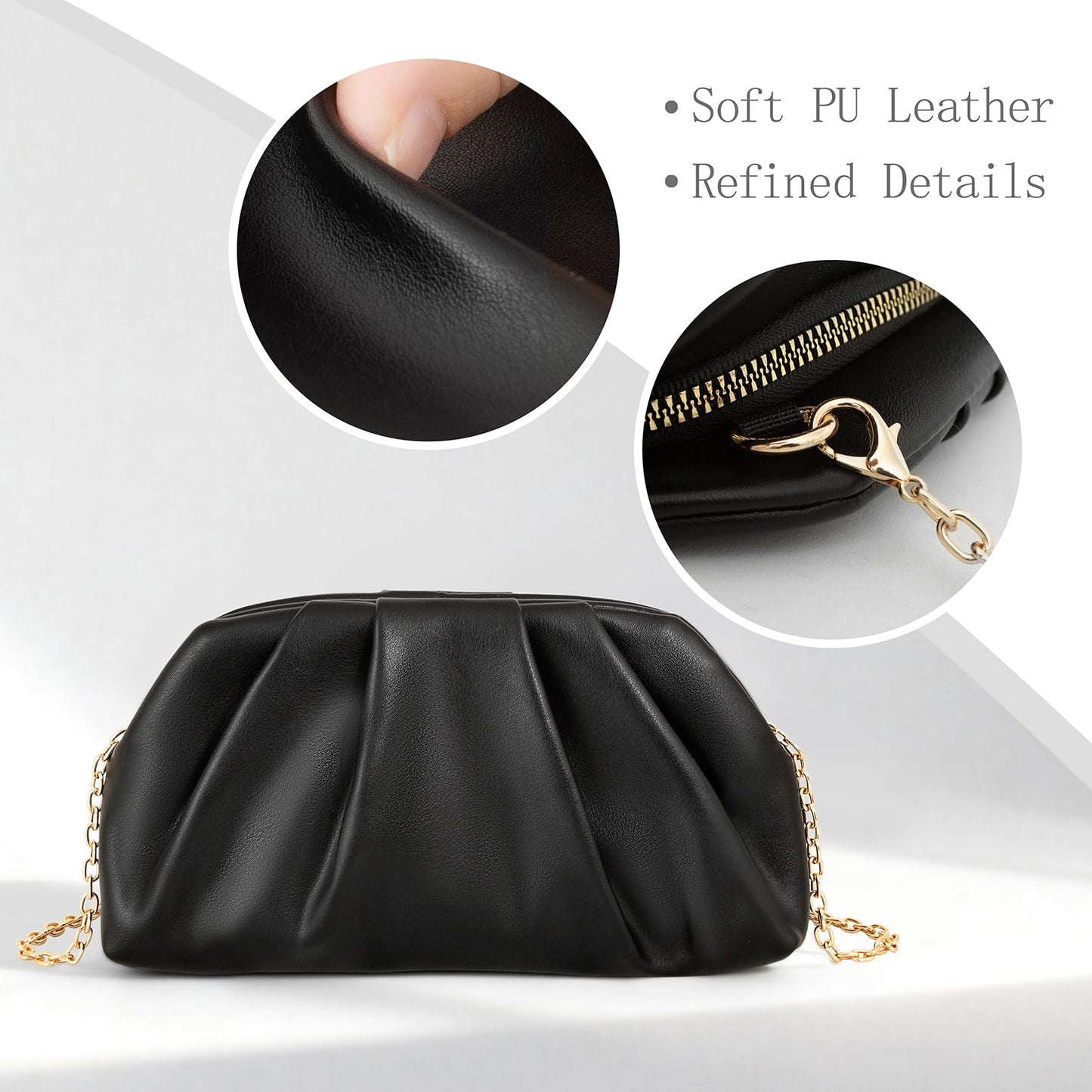 Yiorselus Ruched Clutch Purse for Women – Soft PU Leather Cloud Evening Bag with Detachable Chain for Weddings, Parties & Prom (Black)
