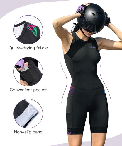 Santic Women's Triathlon Suit Tri-Suit with Padded One-Piece Sleeveless Swimsuit Quick-Dry Back Zipper （Black-Purple,M）