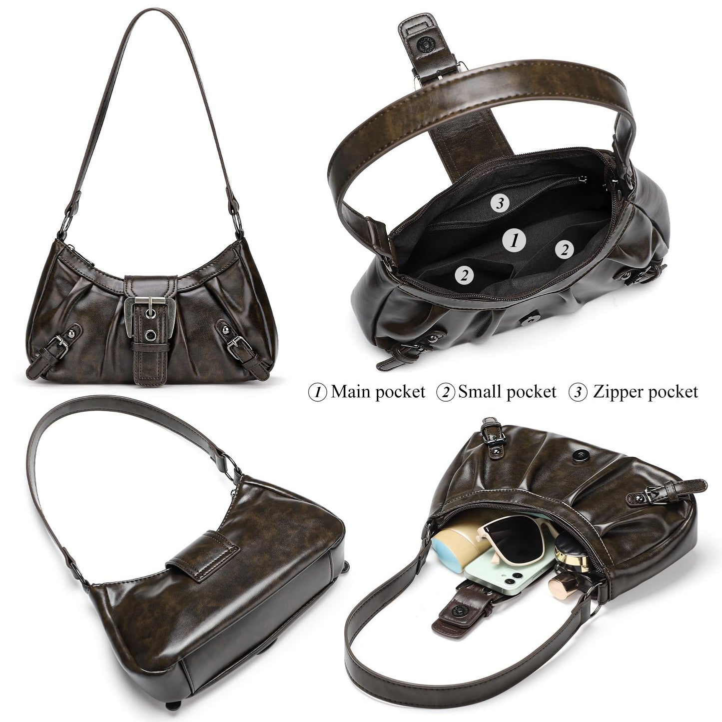 WantGor Women's Shoulder Bag Clutch Tote Bags Top Handle Purse Zipper Vintage Handbag Buckle Punk Hobo Purses Trendy Underarm Bag (Brown)
