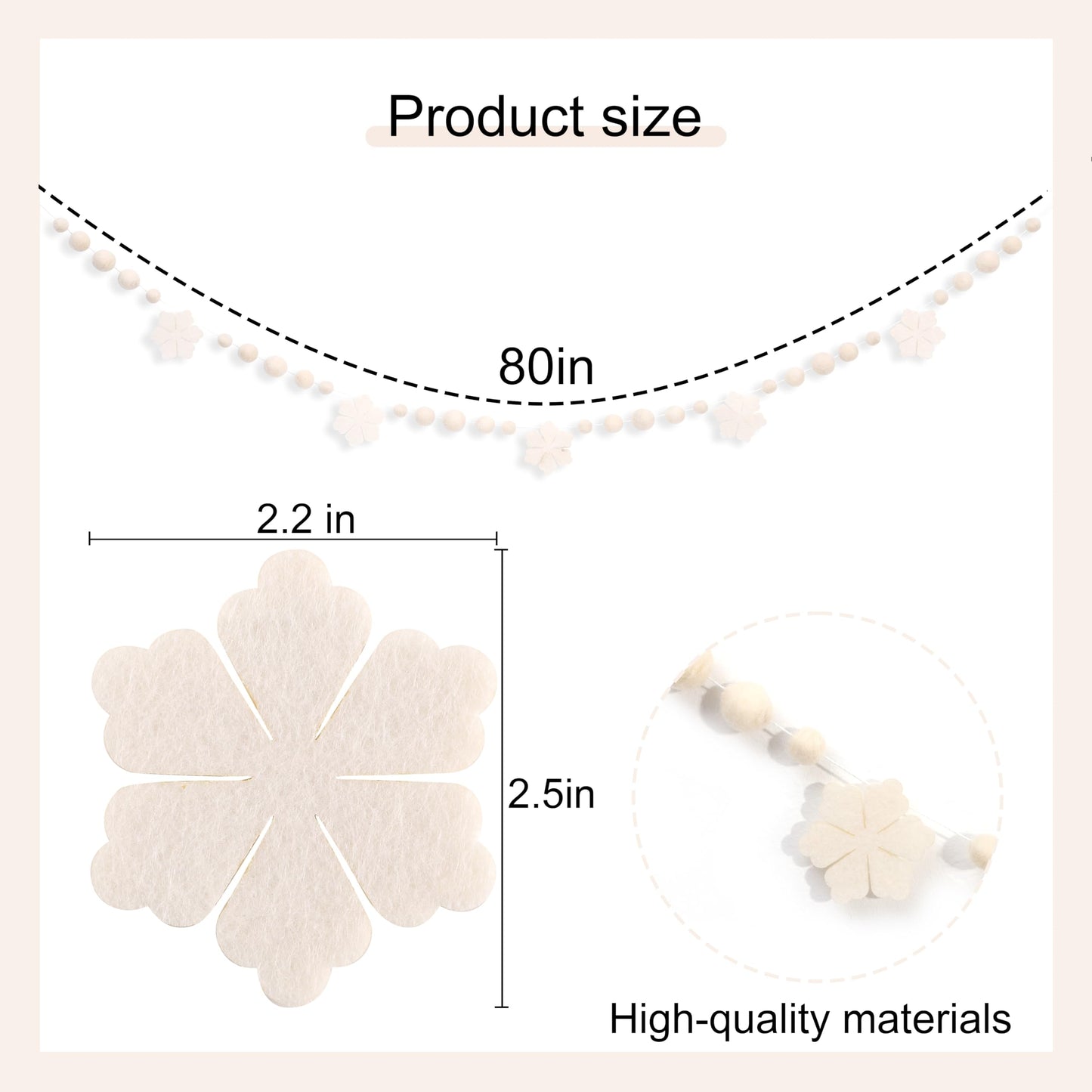 Felt Snowflake Garland – Cream White Winter Garland with Wool Balls, Neutral Christmas Mantle Decor, Scandinavian Snow Banner for Holiday Party, Nursery or Fireplace Decoration