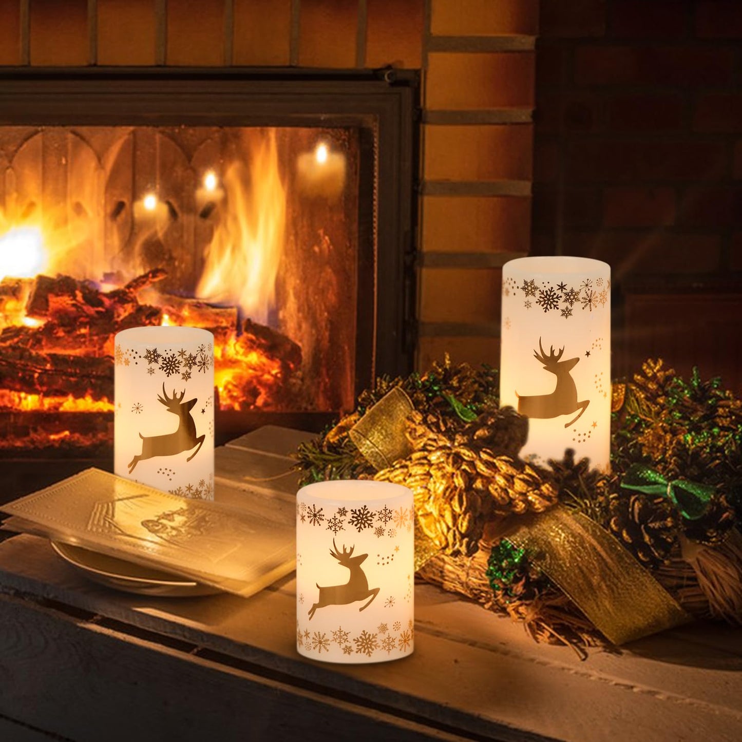 Wondise Flameless Flickering Candles with 6H Timer, Gold Deer Christmas Battery Operated Candles 3 Pack Real Wax Warm Light LED Pillar Candles for Christmas Dinner Tabletop Holiday Decor 3" x 6"