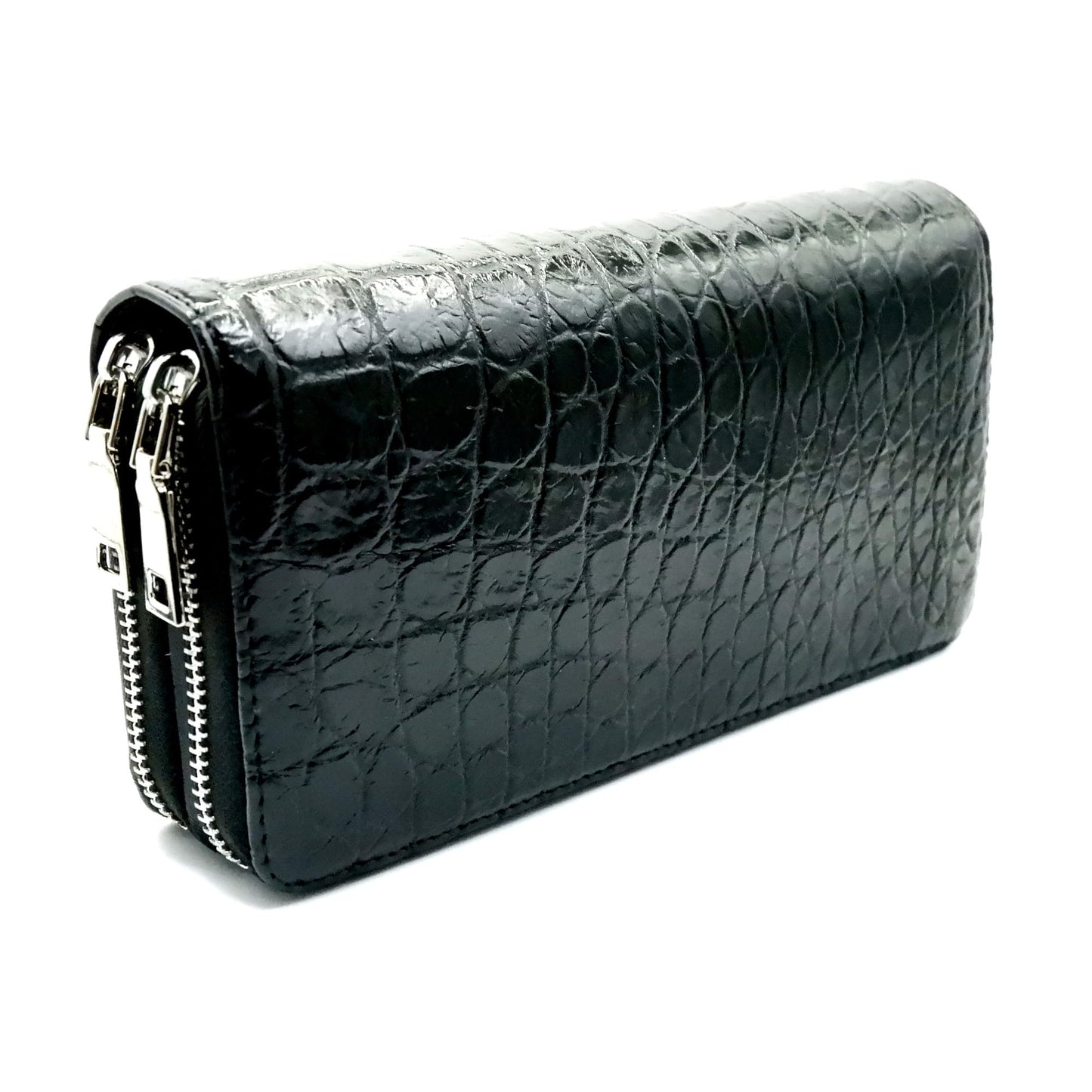 EXSOOTTI New Black Alligator Crocodile Leather Belly Soft Skin Women Double Zipper Clutch Wallet.