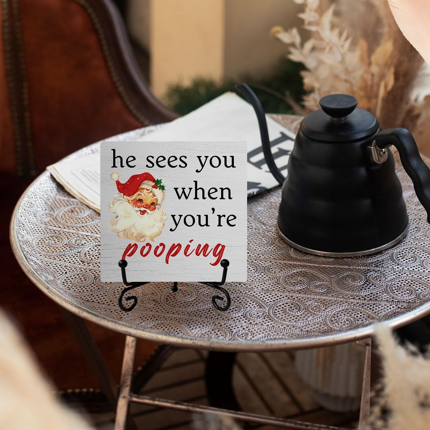 SkipTiger Funny Christmas Bathroom Wooden Desk Sign, He Sees You When You're Pooping Red Christmas Santa Wood Plaque With Stand for Bathroom Toilet Restroom Shelf Counter Decor