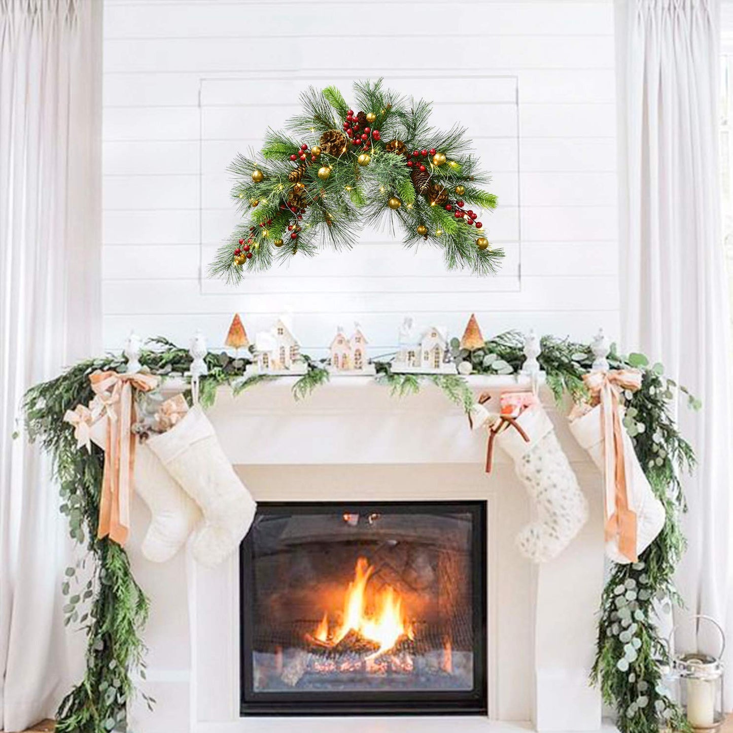 DearHouse 24inch Artificial Christmas Swag, Xmas Mail Box Swag with Wintry Pine Collection and LED Lights for Christmas Holiday Home Decor