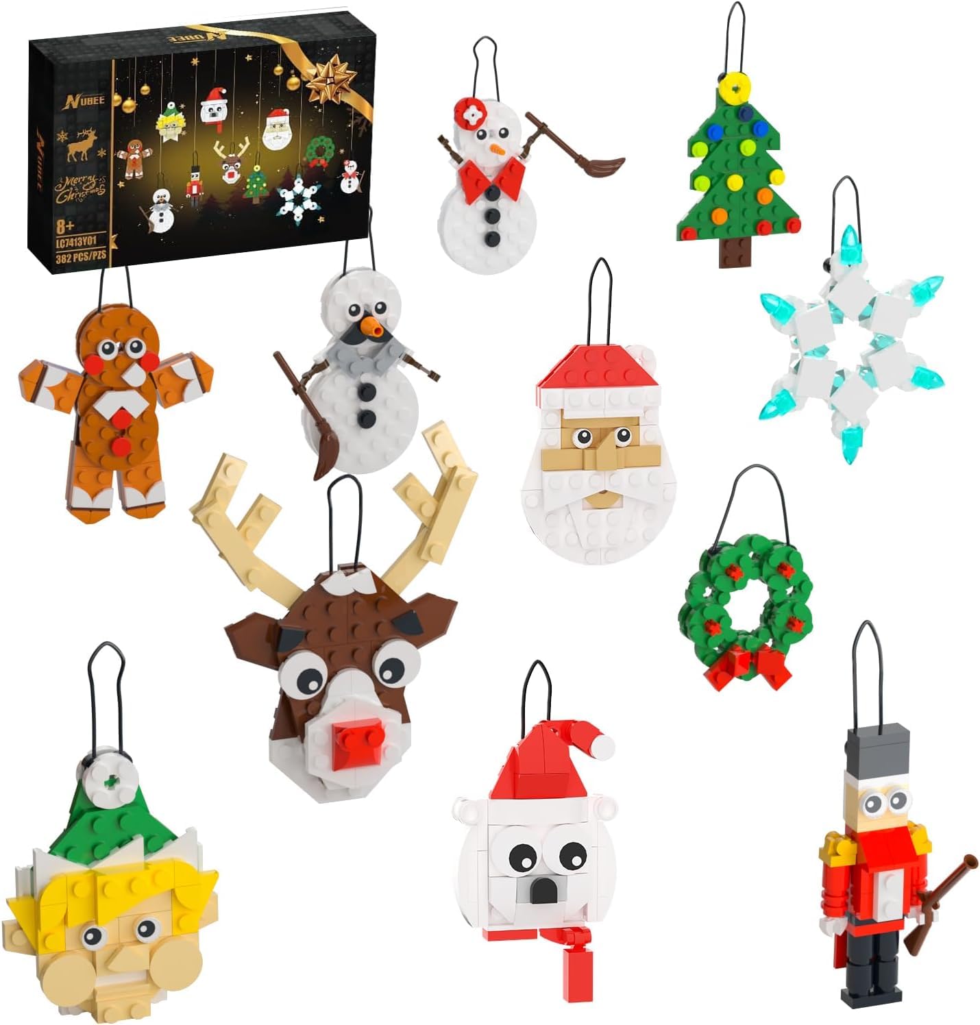 Tenhorses Christmas Tree Ornament 11-in-1 Building Sets, Wreath, Santa, Snowman, Nutcracker, Polar Bear, Gingerbread, Reindeer, Snowflake, Hanging Christmas Decor Toys Gift for Girls Boys or Kids.