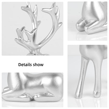 Bonlting 2 Pcs Christmas Reindeer Sculpture, Resin Elk Statues Deer Decorations for Home, Office, Bookshelf TV Stand, Living Room (Silver)