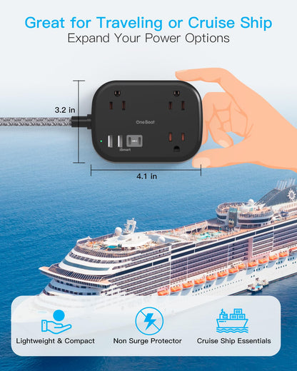 Cruise Essentials 2025,One Beat Travel Power Strip with USB C,Flat Plug Extension Cord with 3 Outlets 4 USB Ports(2 USB C),5 ft Desk Wall Outlet Extender,Non Surge Protector for Cruise,Dorm Room,ETL
