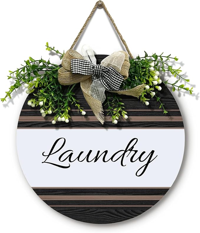Laundry Door Sign Laundry Room Wood Hanging Signs for Front Door With Wreath And Bow Farmhouse Rustic Vintage Round Plaque for Washer And Dryer Room Wall House Decoration 12 Inch