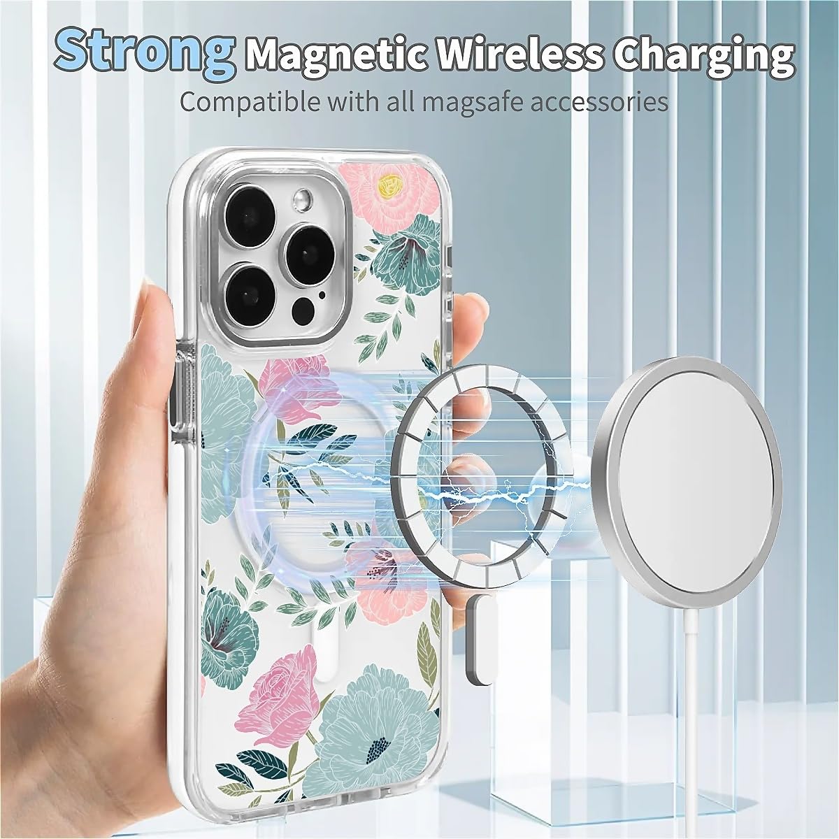 TAMEFOX for iPhone 15 Pro Max Clear Case, Campatible with Magsafe,Blue Red Camellia Soft TPU Slim Magnetic for Women Girl Protective Case for iPhone 15 Pro Max-6.7 Inch (White)