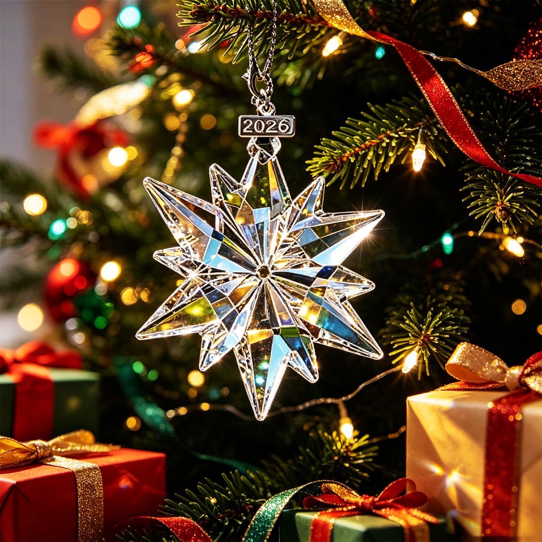 2026 Annual Christmas Ornaments Crystal Snowflake Star, Sparkly Crystal Ornament for Christmas Tree, Beautiful Ornaments for Women Girls