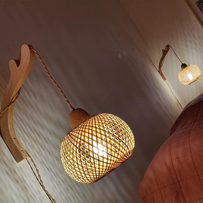 Frideko Bamboo Wall Sconces Set of Two Plug in, Boho Wall Lamp with Plug in Cord, Farmhouse Light Fixtures with 9.84FT On/Off Switch Cord, Rattan Sconces Lighting for Bedroom Living Room