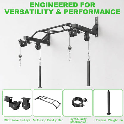 Wall Mounted Pull Up Bar, Heavy Duty Multi-Grip Chin Up Bar for Home Gym, 450 lbs Weight Capacity Upper Body Strength Training Equipment, Metal Construction with Home Gym Cable Pulley System