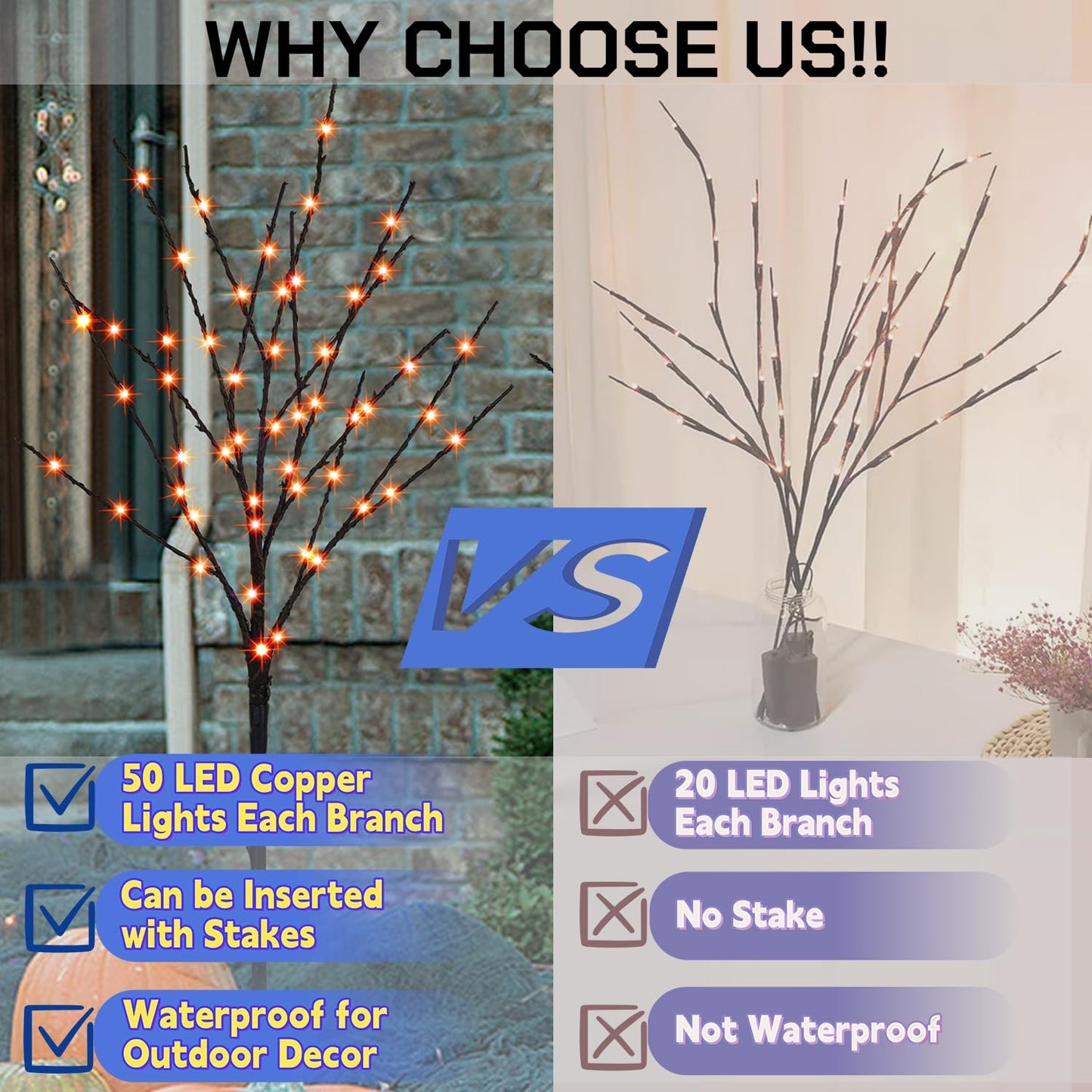 Lighted Halloween Tree Branches, 30IN 100LED Artificial Black Twig Branch with Orange Fairy Lights, Built-in Timer & Battery Operated, Waterproof for Indoor Outdoor Office Bedroom Party Decorations