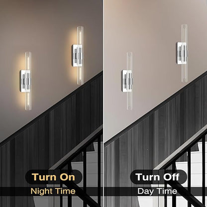 Chrome Wall Sconces Set of 2, 22.8" Bathroom Sconces, Indoor Sconces Lighting with Glass, Nickel Vanity Lights with Tube, Dimmable Bedroom Bedside Wall Light for Dressing Table Staircase