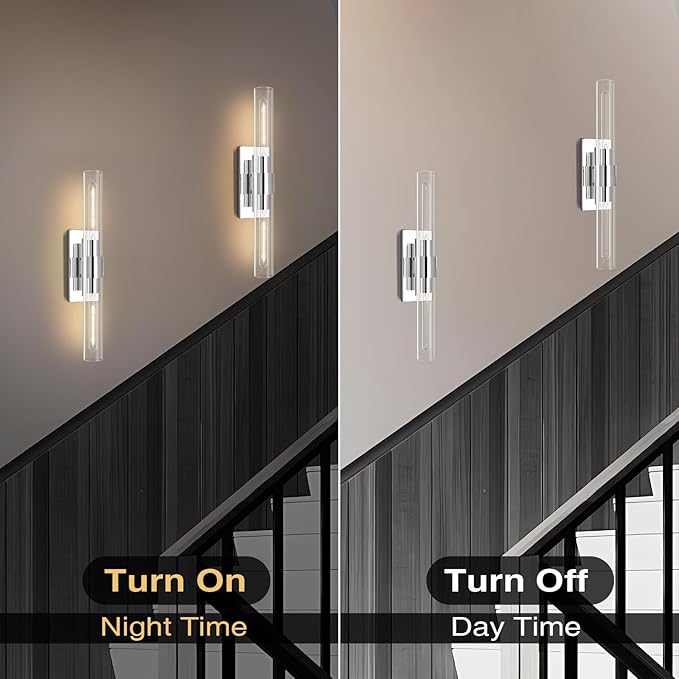 Chrome Wall Sconces, 22.8" Bathroom Sconces, Indoor Sconces Wall Lighting Up and Down, Nickel Wall Sconce Dimmable, Vanity Lights Fixtures with Tube, Glass Sconce for Bedroom, Staircase