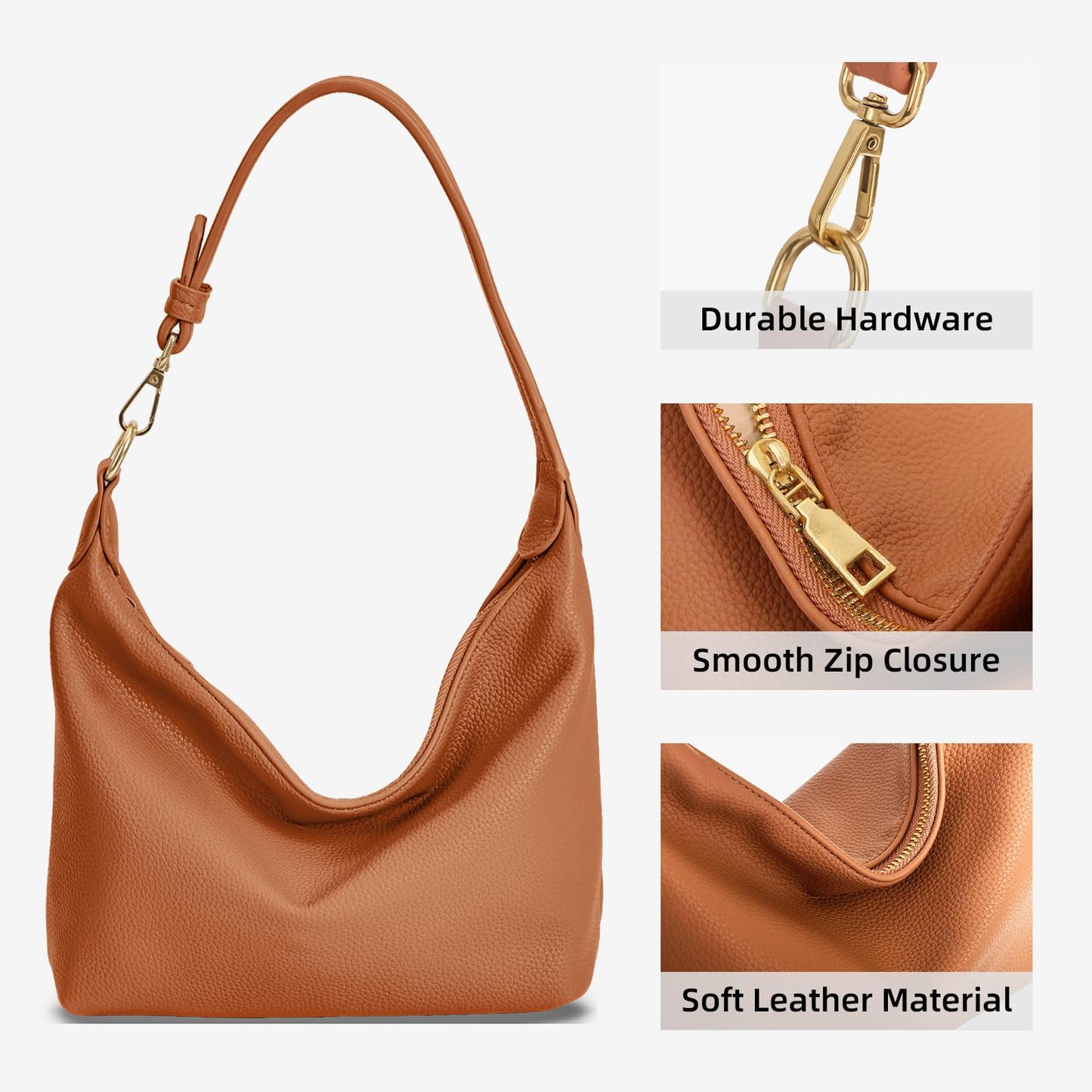 NEBIL Small Hobo Bag For Women Soft Pu Leather Shoulder Purse Slouchy Everyday Trendy Handbags with Zipper (Brown)