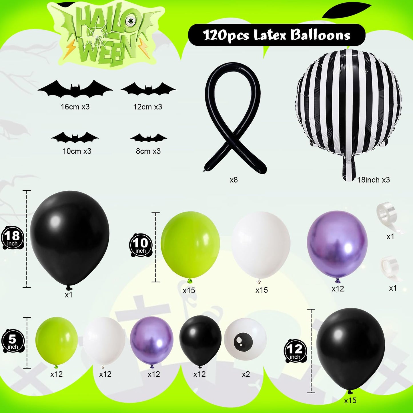 Halloween Balloons Garland Arch Kit, 120pcs Black White Green Purple Balloons, Metallic Purple Spider Striped Foil Balloon 3D Bat Stickers for Happy Halloween Birthday Haunted Theme Party Decorations