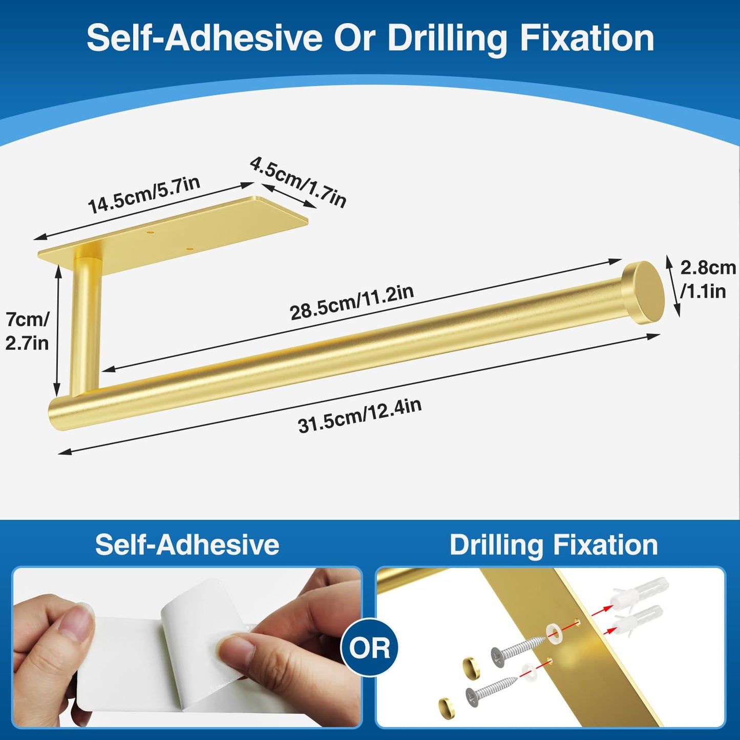 Paper Towel Holder - Self-Adhesive or Drilling, Gold, Wall Mounted, SUS304 Stainless Steel Kitchen Roll Dispenser Under Cabinet