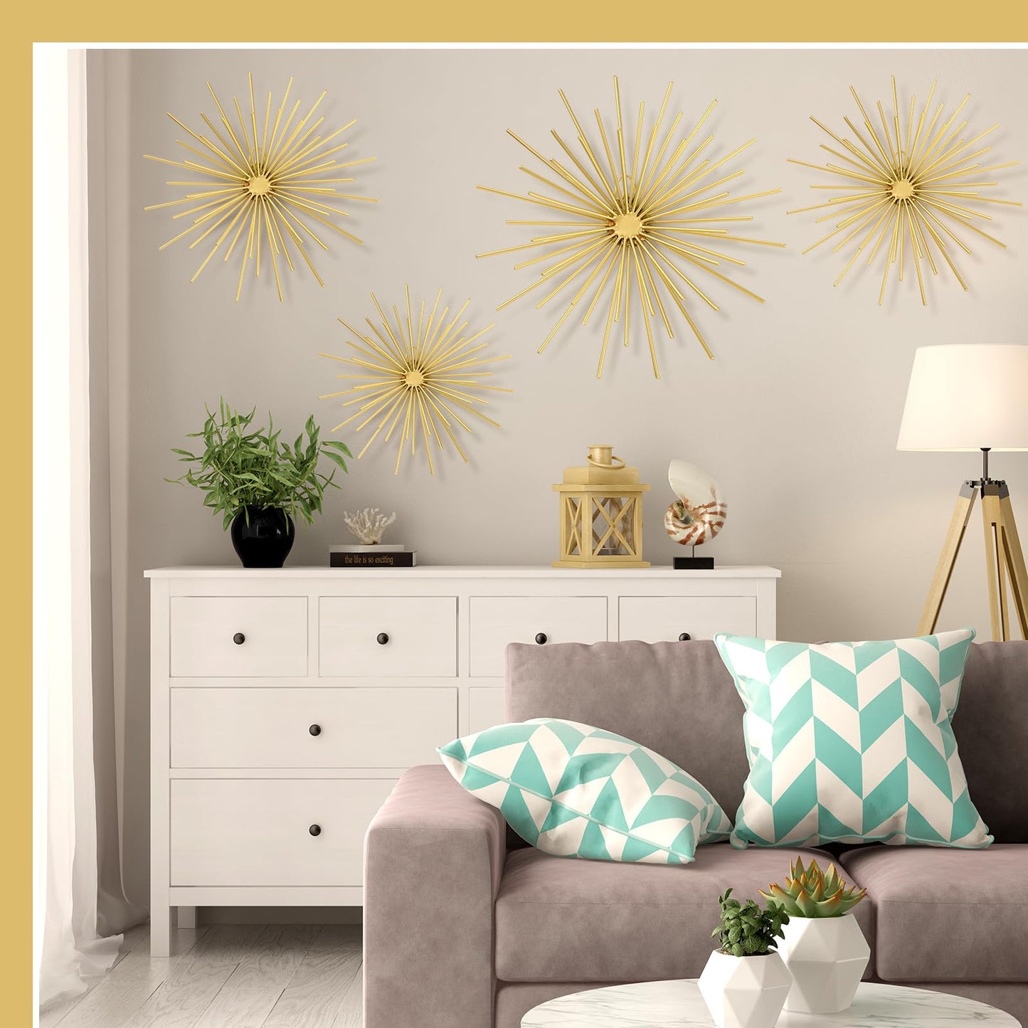 Shimeyao 4 Pcs Metal Starburst Wall Decor Gold Metal Wall Art 3D Spike Bling Finish Star Burst Hangings Accents Sculptures Set Modern Mid Century Decorations for Living Room Bedroom Entryway