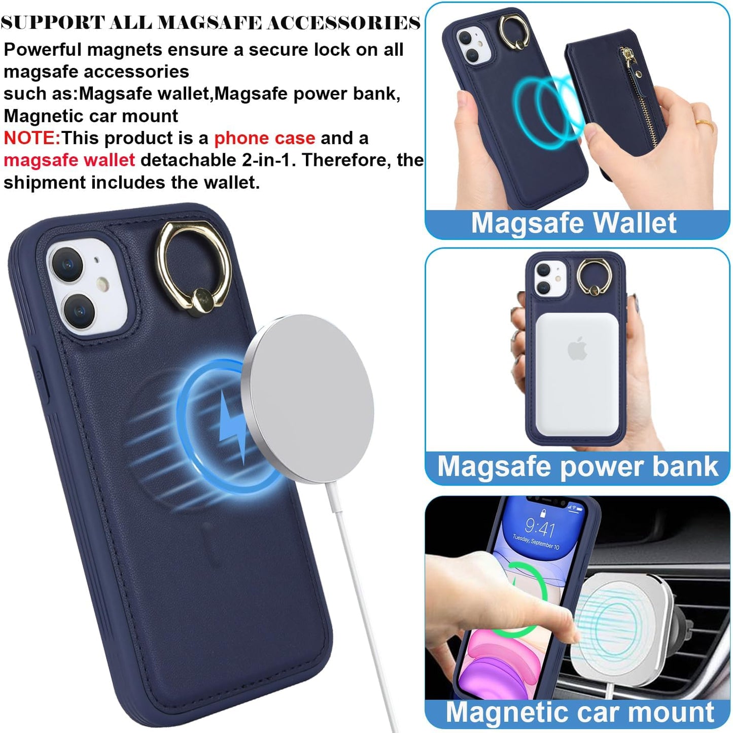 DEYHU for iPhone 12 Mini Phone case with Card Holder with Compatible magsafe Magnetic, Key Chain PU Leather Flip Kickstand Detachable 2-in-1 Wallet case for Apple12Mini Women Men-Dark Blue