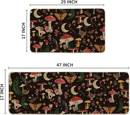 Artoid Mode Black Mushrooms Butterfly Spring Kitchen Mats Set of 2, Home Decor Low-Profile Kitchen Rugs for Floor - 17x29 and 17x47 Inch