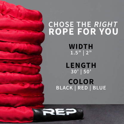 REP Battle Ropes - PolyDacron Battle Rope for Strength and Conditioning Workouts – 1.5" and 2" Diameter, 30ft, 40ft, 50ft Lengths with Optional Cover Sleeve (Red with Sleeve, 1.5 x 50 ft)