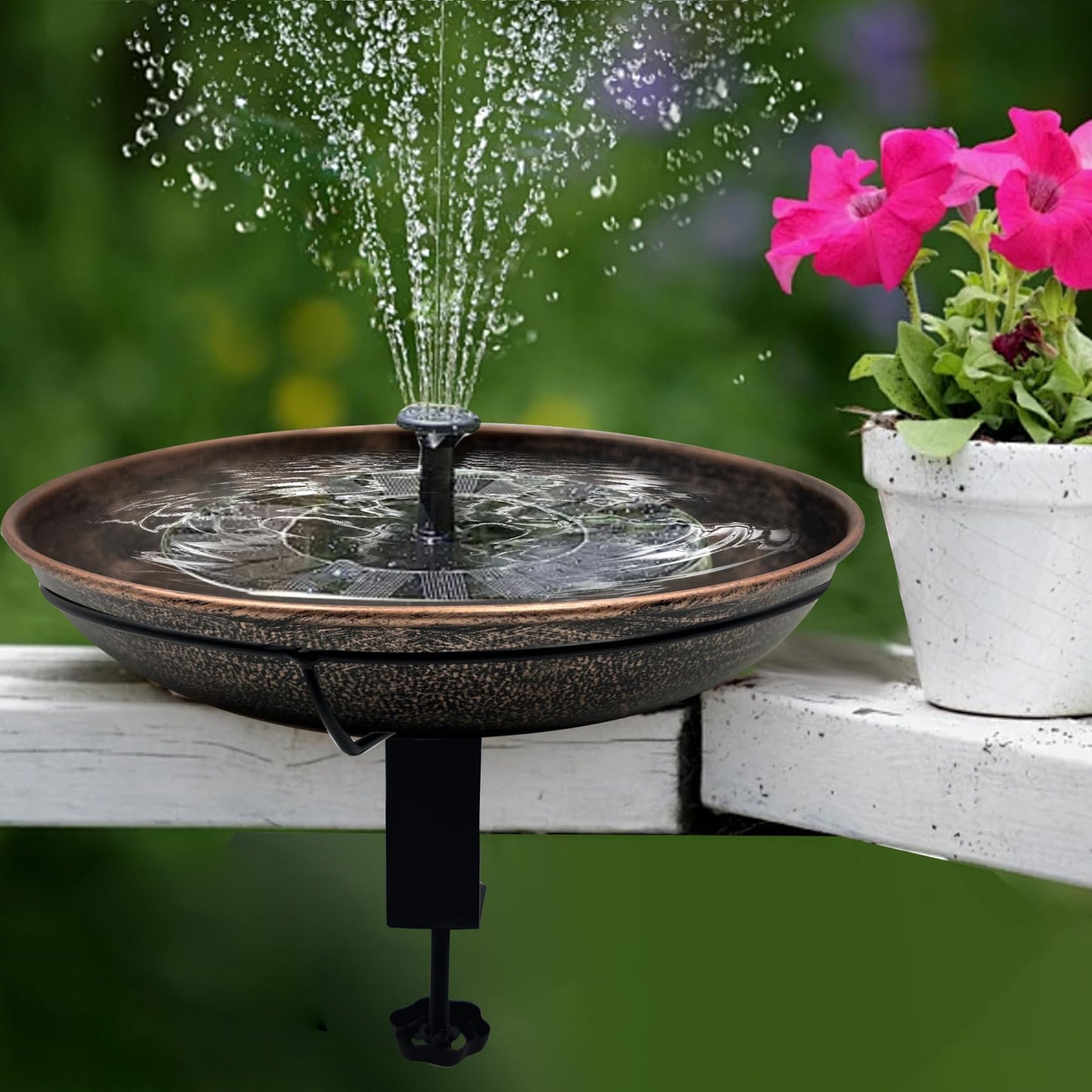OUISJYER Deck Mounted Bird Bath, Easy to Clean12 Detachable Bath Bowl, Metal Birdbath for Outside with Sturdy Adjustable Clamp for Railing Balcony Fence Outdoor Decor 0.7 Gallon