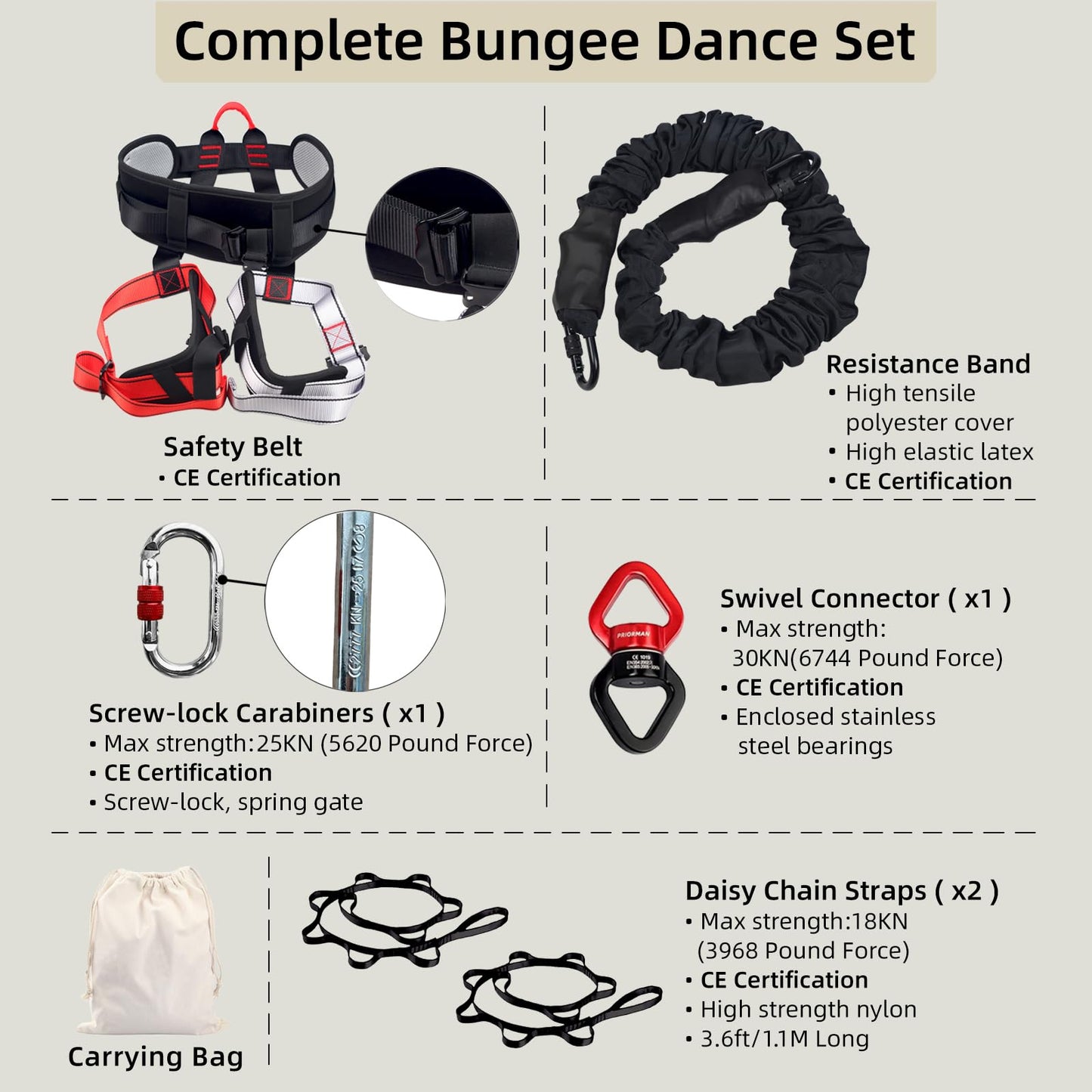 PRIORMAN Professional Bungee Dance Fitness Kit, 6 Sizes, CE Certified Complete Harness Set with Resistance Band & Hanging Hardware for Suspension Training Home & Studio(M)