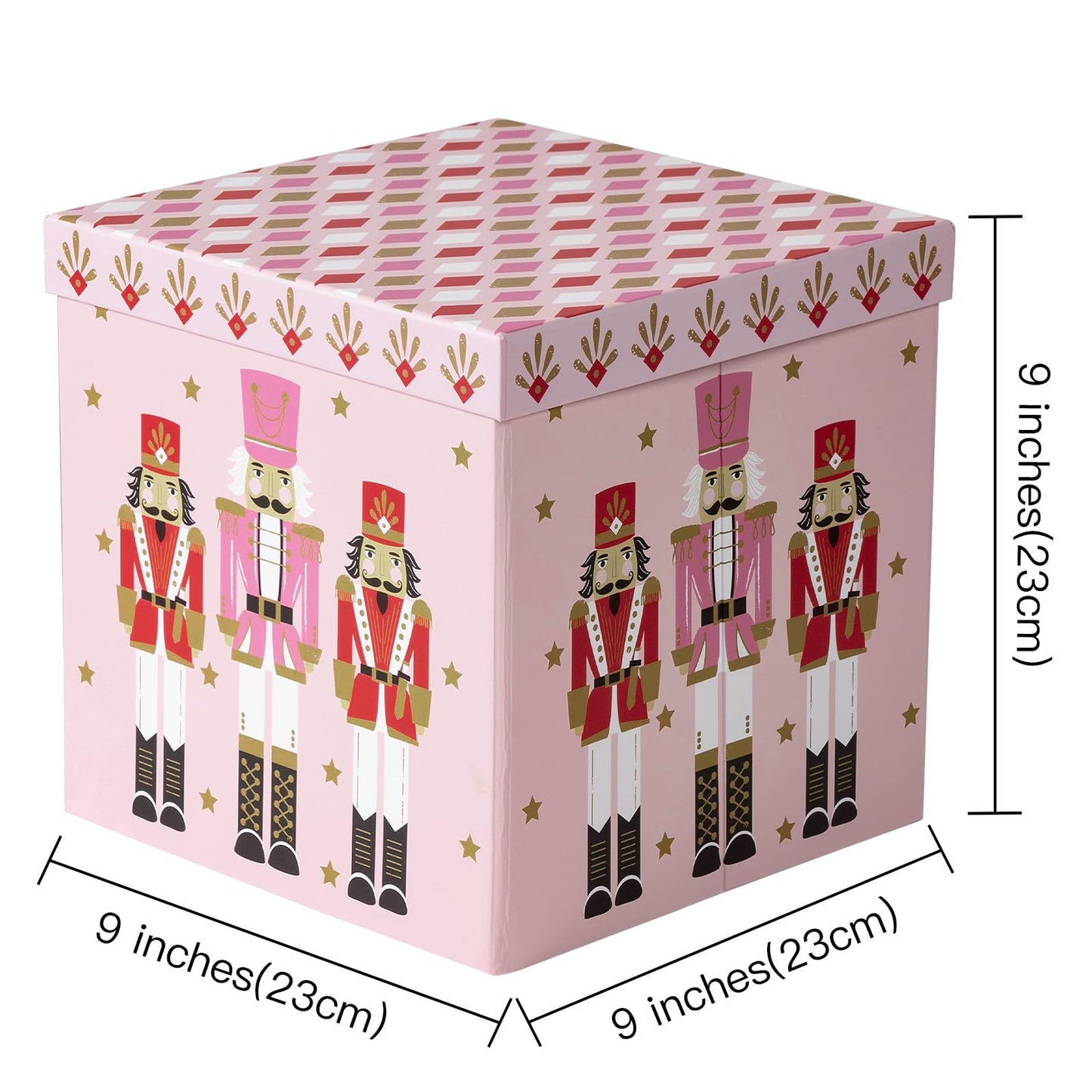 RUSPEPA Christmas Gift Box with Lid, Pink Nutcracker Soldier Design and Diamond Pattern Lid, Medium Collapsible Box with Ribbon, Tissue Paper for Girls, Gift Wrap, Candy Storage, 9x9x9 Inches, 1 Pcs