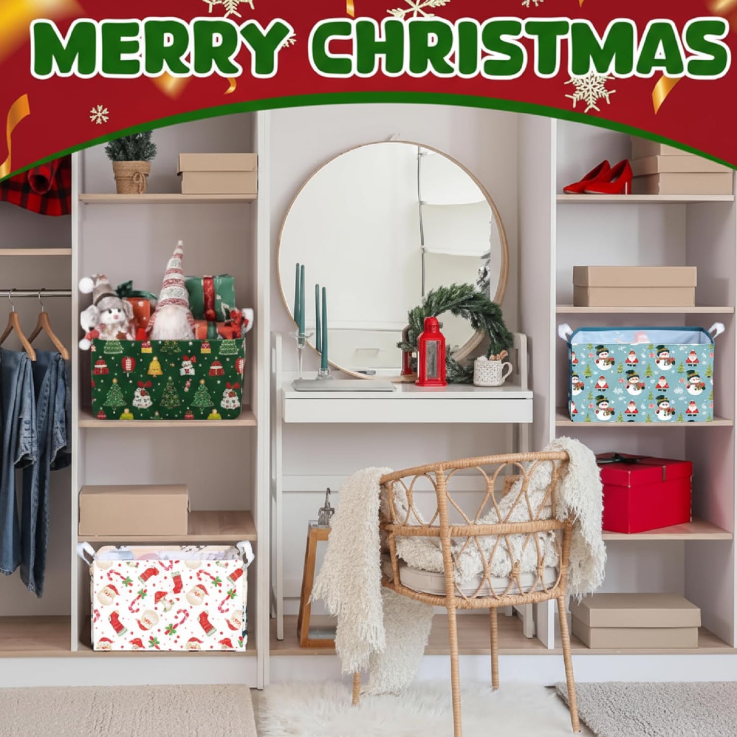 Breling 4 Pcs Christmas Storage Basket Snowman Santa Claus Candy Cane Snowman Basket with Handles Large Collapsible Storage Bins Boxes for Xmas Gift Laundry Shelves Home Office, 15 x 10 x 8 Inch