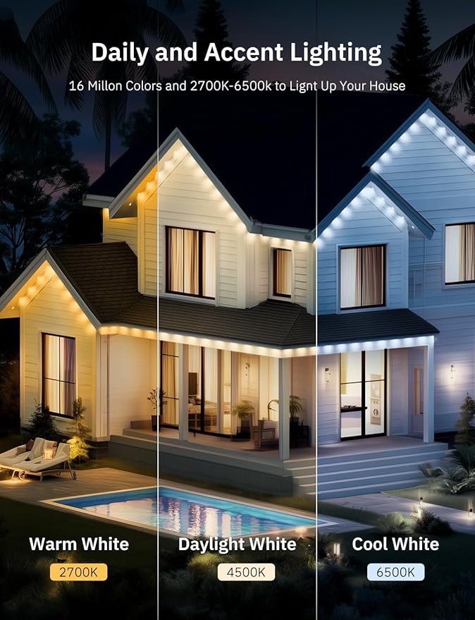 100FT Permanent Outdoor Lights Pro, 50 IC+RGBCW Smart Eaves Lights with 48 Scene Modes, IP67 Waterproof Outside String Lights for House Halloween, Christmas All Year Decor, APP/Remote Control
