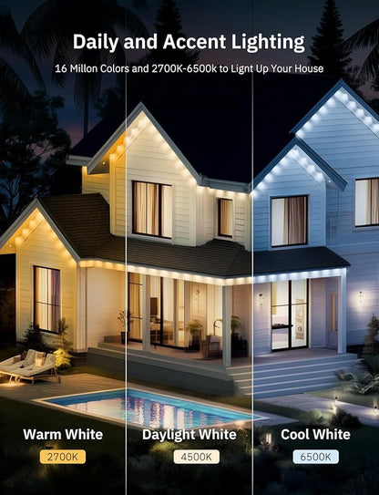 100FT Permanent Outdoor Lights Pro, 50 IC+RGBCW Smart Eaves Lights with 48 Scene Modes, IP67 Waterproof Outside String Lights for House Halloween, Christmas All Year Decor, APP/Remote Control