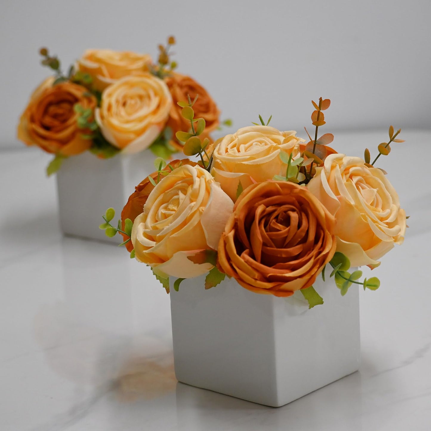 LADADA Artificial Roses in White Ceramic Vase, Faux Silk Flowers with Eucalyptus, Fake Floral Centerpiece for Home Wedding Party Table Decor