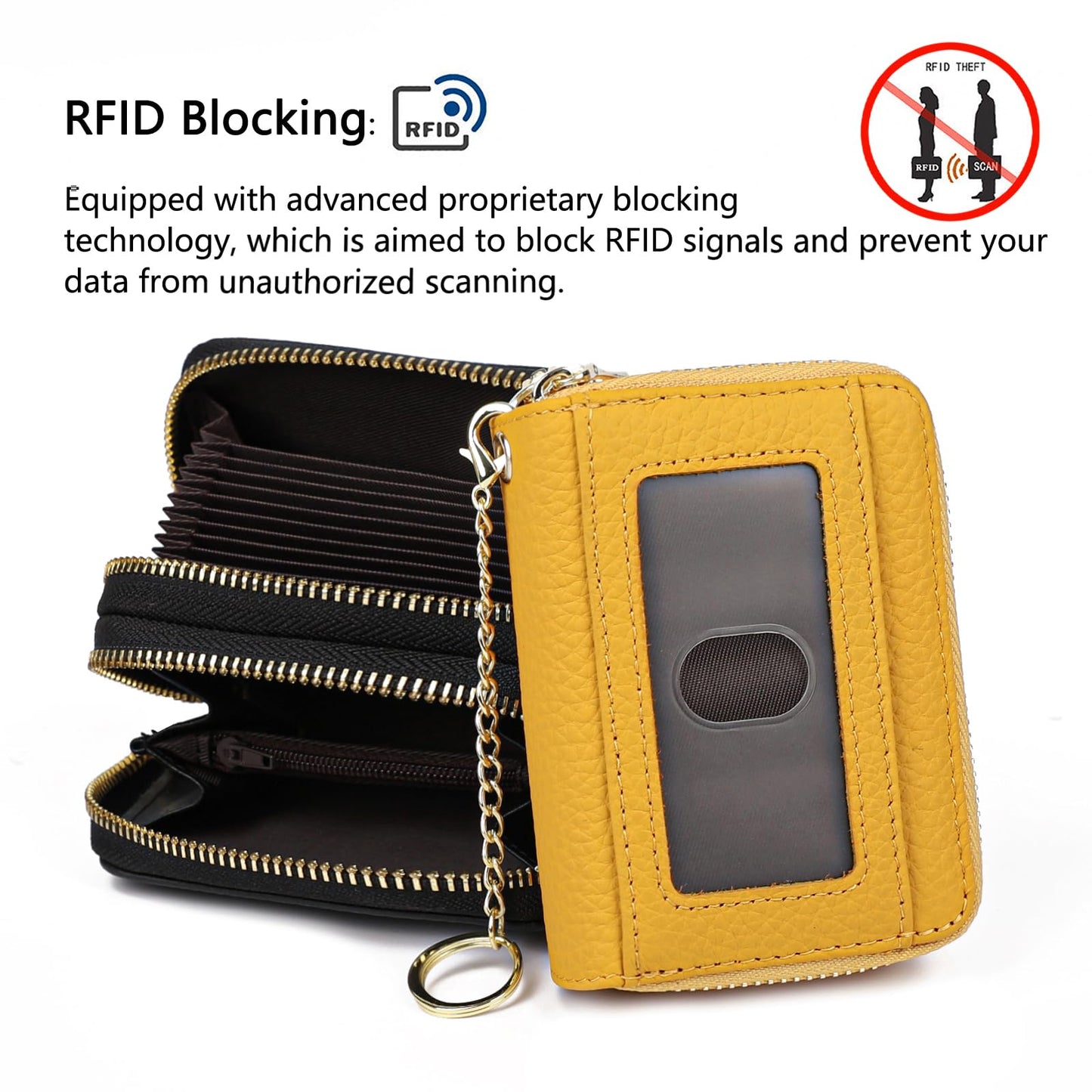 imeetu RFID Credit Card Wallet, Genuine Leather Zipper Card Case Holder with Removable Keychain(Max - Yellow)