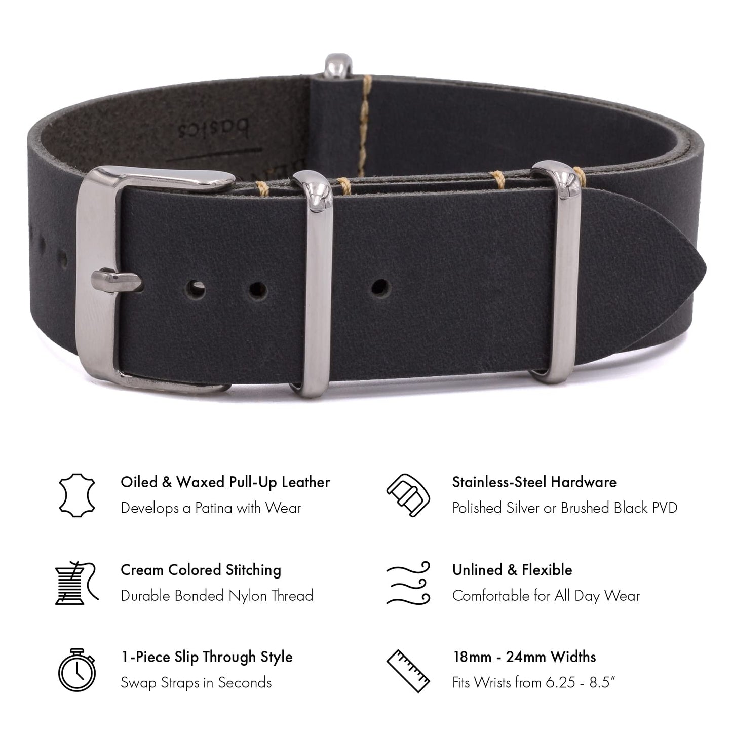 Benchmark Basics Leather Watch Band - Crazy Horse Oiled Leather One-Piece Watch Straps for Men & Women - Choice of Color & Width - 18mm, 20mm, 22mm or 24mm (18mm, Dark Grey)